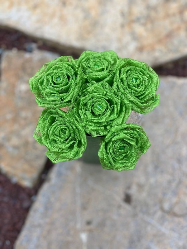 Lime Green Lace Roses with Stems, Lace Flower Bouquet, Lace Flower, Lace Roses, 13th Wedding Anniversary Gift, Lace Gift for Her, Thirteenth