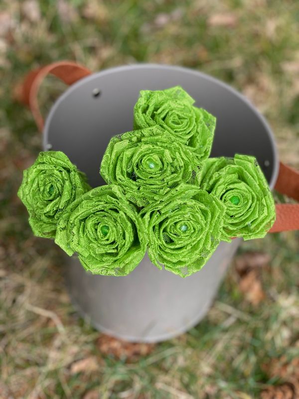 Lime Green Lace Roses with Stems, Lace Flower Bouquet, Lace Flower, Lace Roses, 13th Wedding Anniversary Gift, Lace Gift for Her, Thirteenth