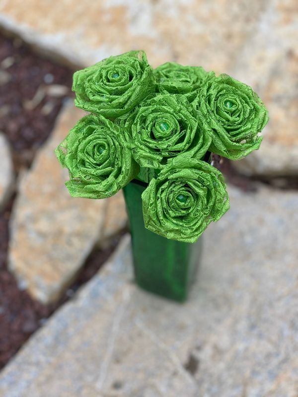 Lime Green Lace Roses with Stems, Lace Flower Bouquet, Lace Flower, Lace Roses, 13th Wedding Anniversary Gift, Lace Gift for Her, Thirteenth