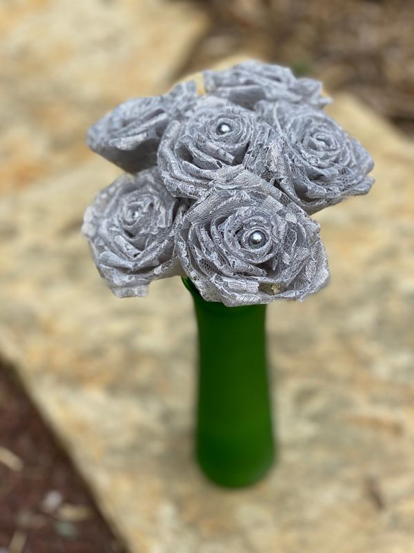 Silver Gray Lace Roses with Stems, Lace Flower Bouquet, Lace Flower, Lace Rose, 13th Wedding Anniversary Gift, Lace Gift for Her, Thirteenth