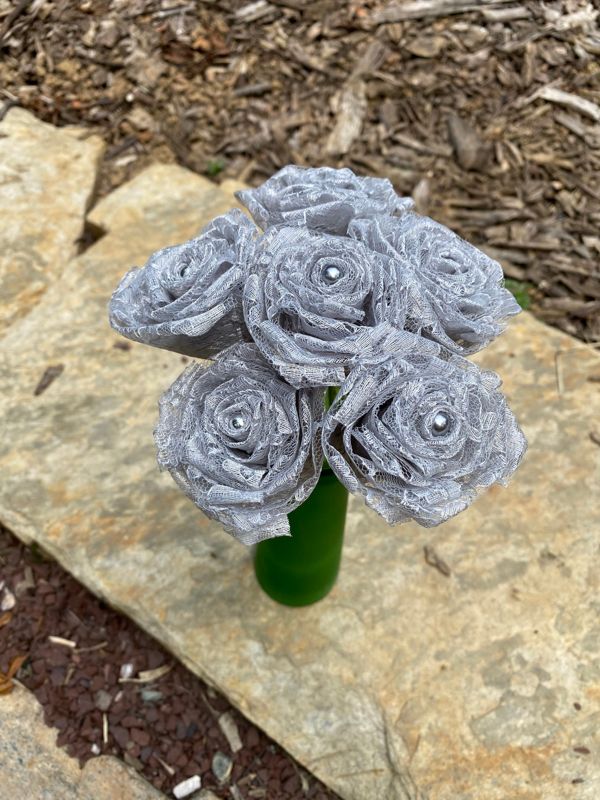 Silver Gray Lace Roses with Stems, Lace Flower Bouquet, Lace Flower, Lace Rose, 13th Wedding Anniversary Gift, Lace Gift for Her, Thirteenth