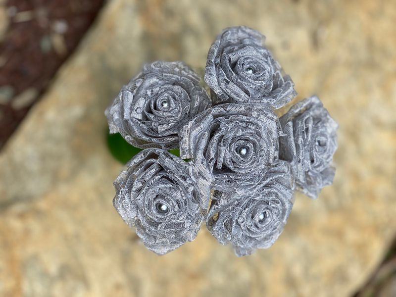 Silver Gray Lace Roses with Stems, Lace Flower Bouquet, Lace Flower, Lace Rose, 13th Wedding Anniversary Gift, Lace Gift for Her, Thirteenth