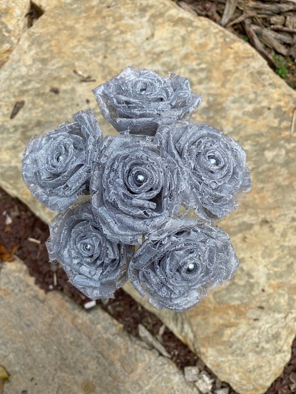 Silver Gray Lace Roses with Stems, Lace Flower Bouquet, Lace Flower, Lace Rose, 13th Wedding Anniversary Gift, Lace Gift for Her, Thirteenth