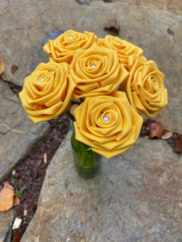 Yellow Linen Roses with Stems, Linen Flower Bouquet, Linen Flowers, Linen Roses, 12th Wedding Anniversary Gift, Linen Gift for Her, Twelfth