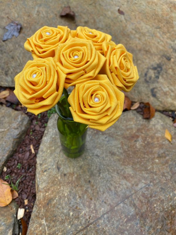 Yellow Linen Roses with Stems, Linen Flower Bouquet, Linen Flowers, Linen Roses, 12th Wedding Anniversary Gift, Linen Gift for Her, Twelfth