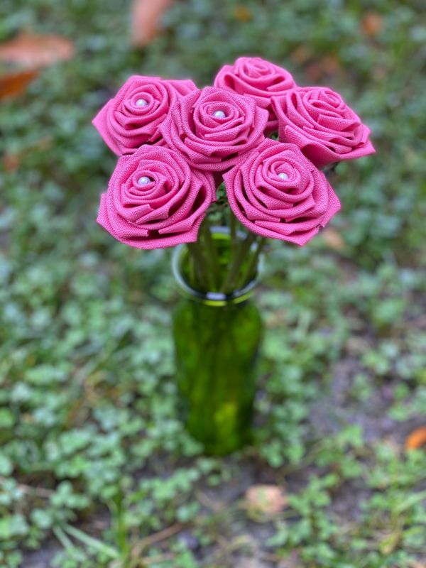 Pink Linen Roses with Stems, Linen Flower Bouquet, Linen Flowers, Linen Roses, 12th Wedding Anniversary Gift, Linen Gift for Her, Twelfth