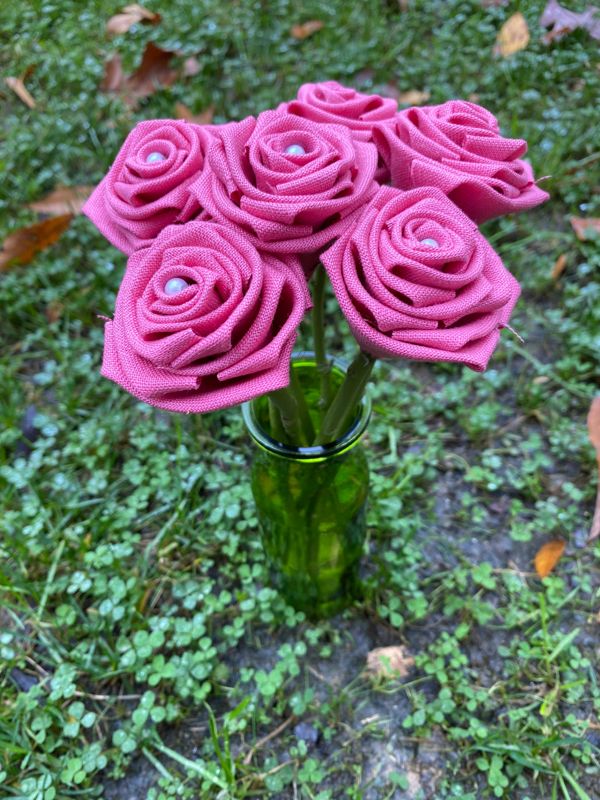 Pink Linen Roses with Stems, Linen Flower Bouquet, Linen Flowers, Linen Roses, 12th Wedding Anniversary Gift, Linen Gift for Her, Twelfth