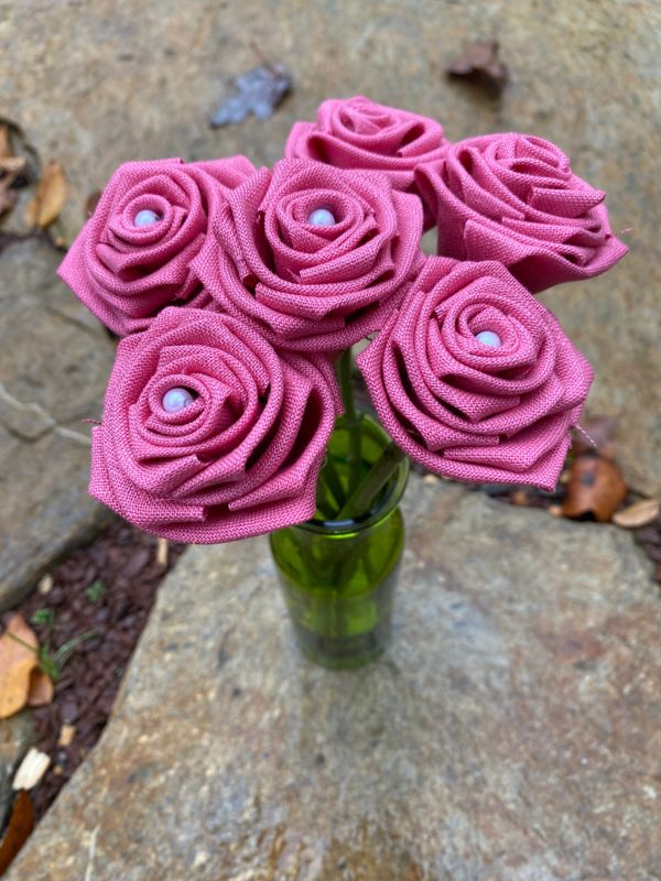 Pink Linen Roses with Stems, Linen Flower Bouquet, Linen Flowers, Linen Roses, 12th Wedding Anniversary Gift, Linen Gift for Her, Twelfth
