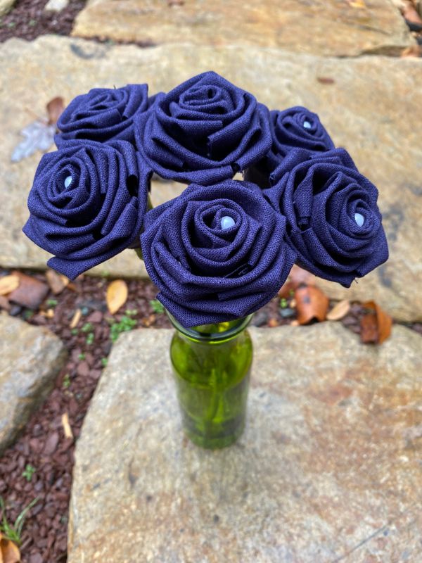 Navy Linen Roses with Stems, Linen Flower Bouquet, Linen Flowers, Linen Roses, 12th Wedding Anniversary Gift, Linen Gift for Her, Twelfth