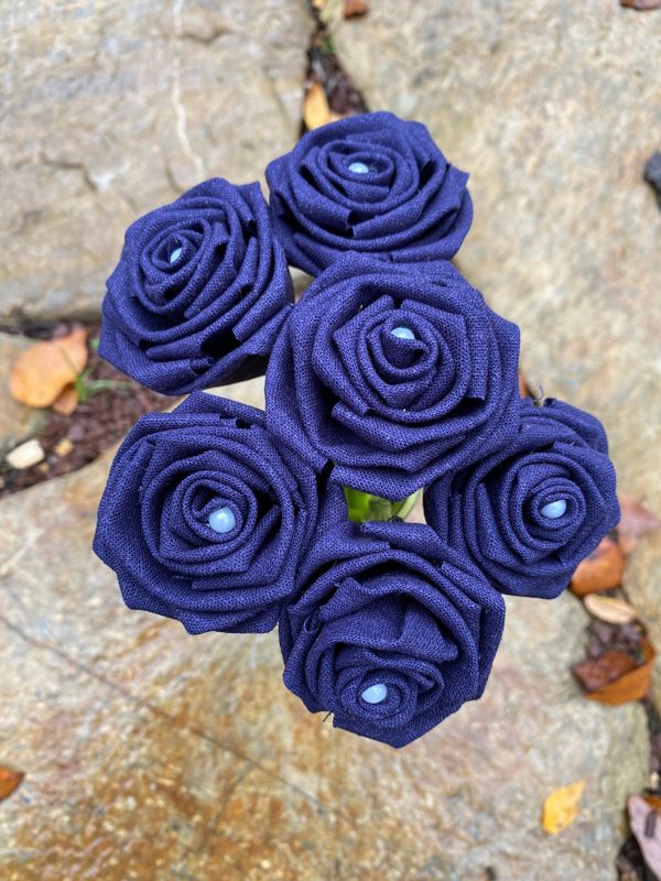 Navy Linen Roses with Stems, Linen Flower Bouquet, Linen Flowers, Linen Roses, 12th Wedding Anniversary Gift, Linen Gift for Her, Twelfth