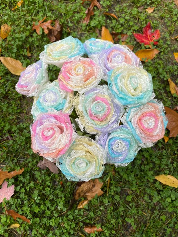 Opal Lace Roses with Stems, Lace Flower Bouquet, Lace Flowers, Lace Roses, 13th Wedding Anniversary Gift, Lace Gift for Her, Thirteenth