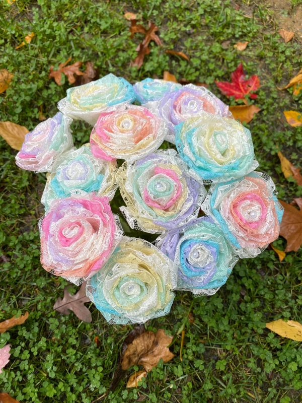 Opal Lace Roses with Stems, Lace Flower Bouquet, Lace Flowers, Lace Roses, 13th Wedding Anniversary Gift, Lace Gift for Her, Thirteenth