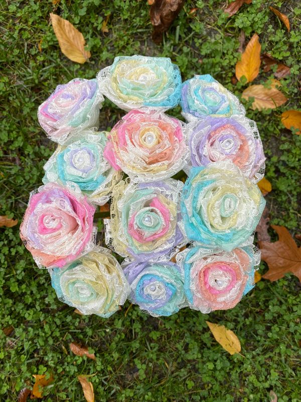 Opal Lace Roses with Stems, Lace Flower Bouquet, Lace Flowers, Lace Roses, 13th Wedding Anniversary Gift, Lace Gift for Her, Thirteenth