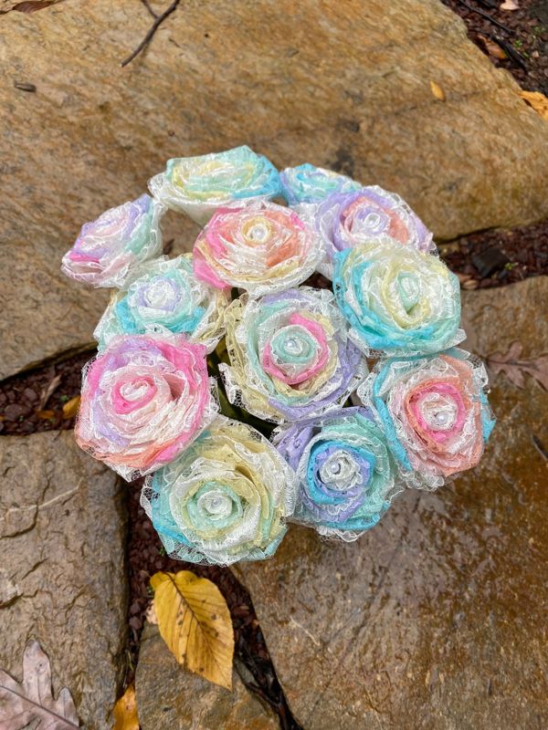 Opal Lace Roses with Stems, Lace Flower Bouquet, Lace Flowers, Lace Roses, 13th Wedding Anniversary Gift, Lace Gift for Her, Thirteenth
