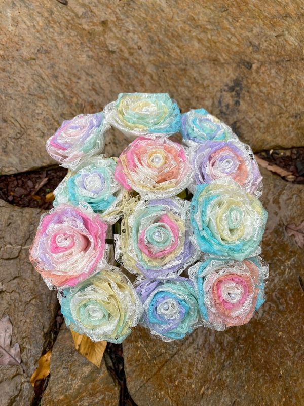 Opal Lace Roses with Stems, Lace Flower Bouquet, Lace Flowers, Lace Roses, 13th Wedding Anniversary Gift, Lace Gift for Her, Thirteenth