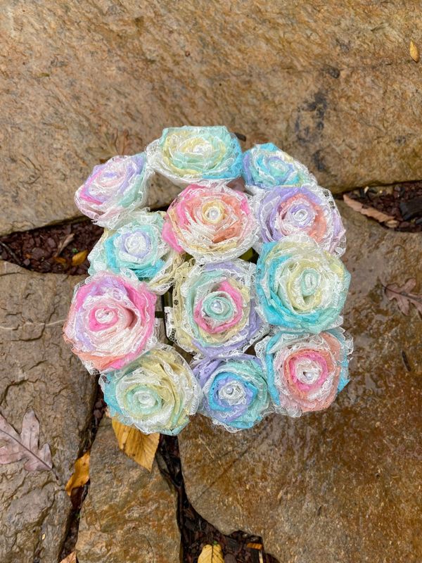 Opal Lace Roses with Stems, Lace Flower Bouquet, Lace Flowers, Lace Roses, 13th Wedding Anniversary Gift, Lace Gift for Her, Thirteenth