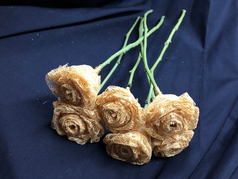 Gold Lace Roses with Stems, Lace Flower Bouquet, Lace Flowers, Lace Roses, 13th Wedding Anniversary Gift, Lace Gift for Her, Gold Roses