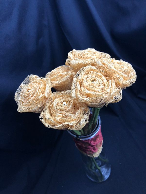 Gold Lace Roses with Stems, Lace Flower Bouquet, Lace Flowers, Lace Roses, 13th Wedding Anniversary Gift, Lace Gift for Her, Gold Roses