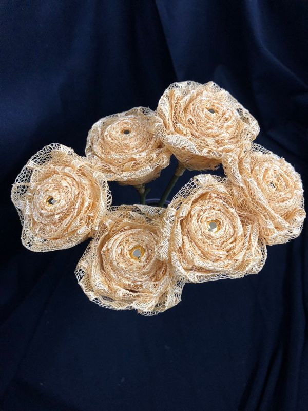 Gold Lace Roses with Stems, Lace Flower Bouquet, Lace Flowers, Lace Roses, 13th Wedding Anniversary Gift, Lace Gift for Her, Gold Roses