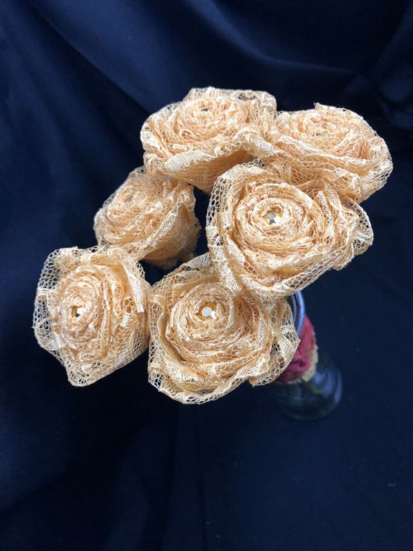 Gold Lace Roses with Stems, Lace Flower Bouquet, Lace Flowers, Lace Roses, 13th Wedding Anniversary Gift, Lace Gift for Her, Gold Roses