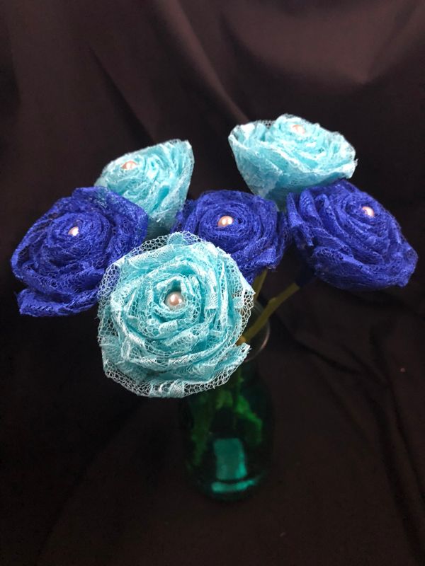 Blue Lace Roses with Stems, Lace Flower Bouquet, Lace Flowers, Lace Roses, 13th Wedding Anniversary Gift, Lace Gift for Her, Wedding Bouquet