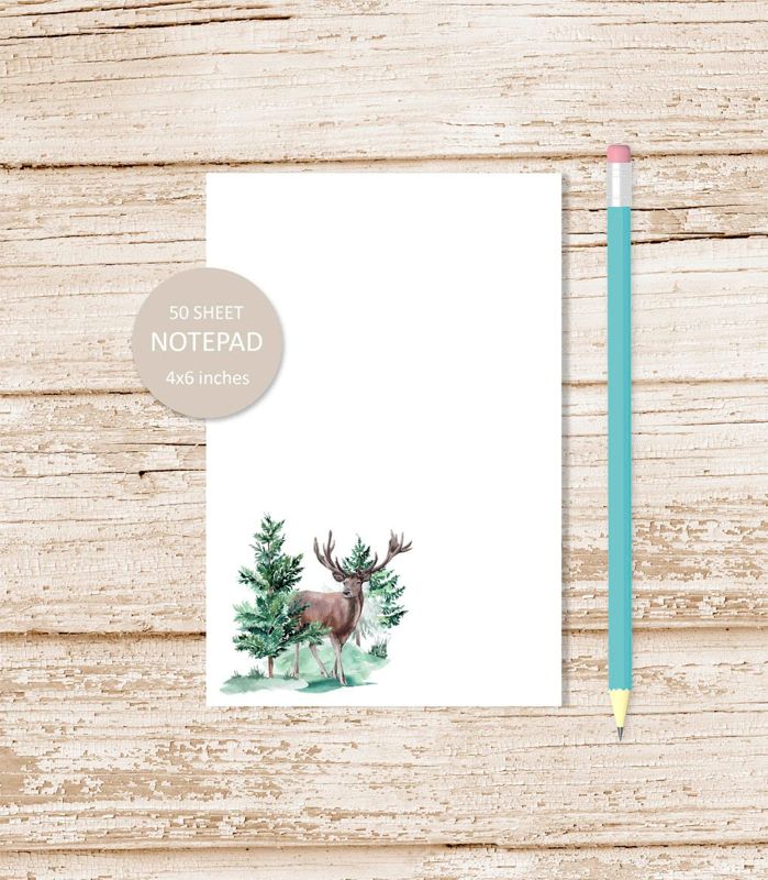 buck deer notepad . watercolor note pad .  trees, outdoors, nature, hunter stationery | 4x6 inches