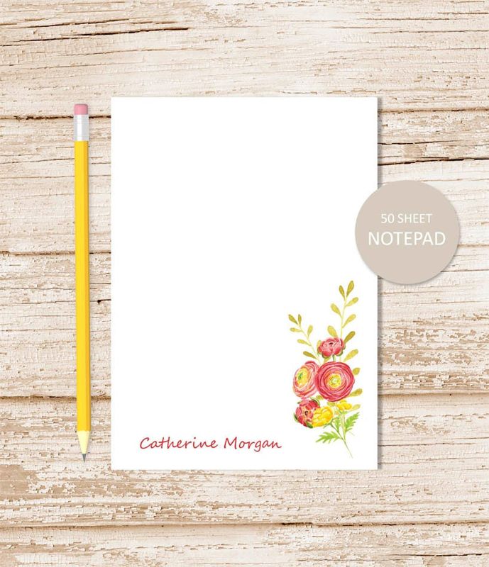 personalized floral notepad . RED YELLOW FLOWERS . note pad . womens stationery . botanical stationary . to do list . watercolor