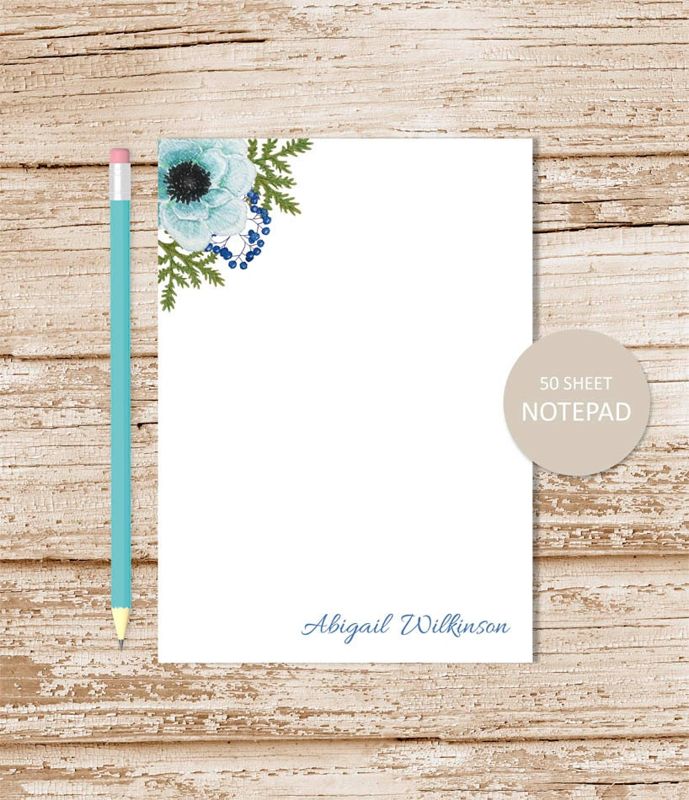 personalized floral notepad . turquoise watercolor ANEMONE . flower note pad . personalized stationery . womens stationary . botanical