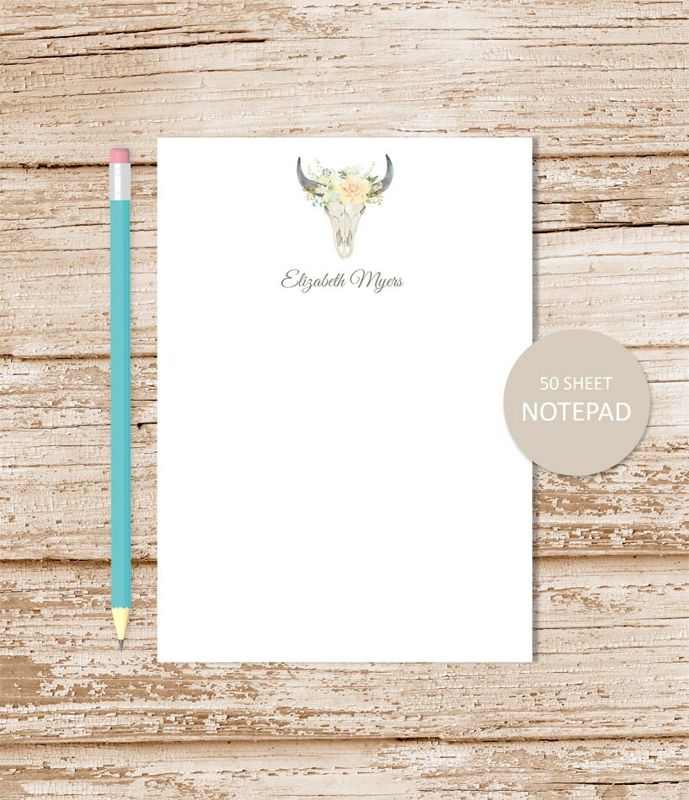 personalized note pad  . FLORAL SKULL . desert steer . personalized notepad . watercolor bull skull . personalized stationery . stationary