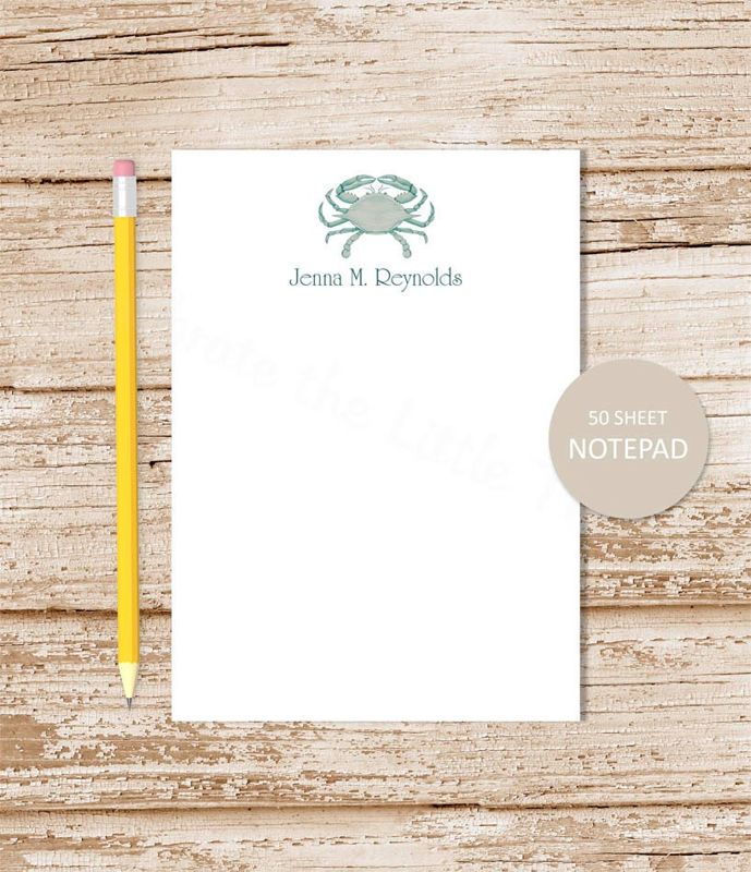 personalized note pad . BLUE GREEN CRAB . watercolor . stationery . crab notepad . crab note pad . personalized stationary . nautical beach