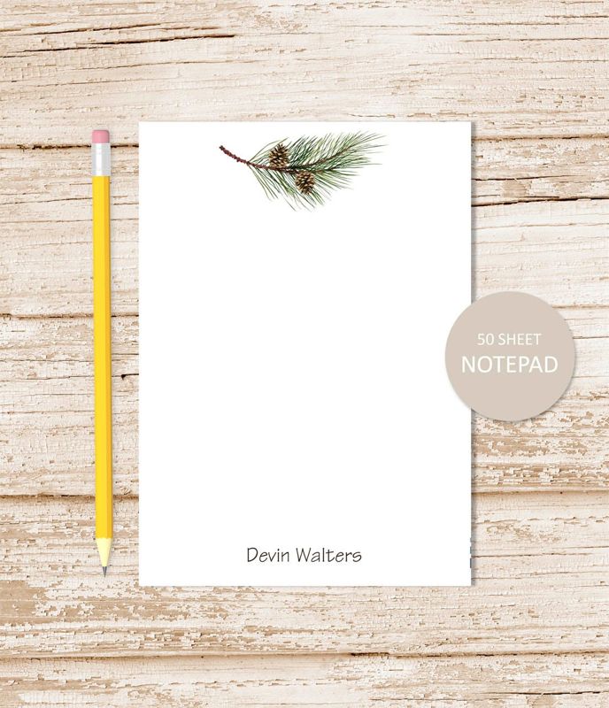 personalized notepad . PINE TREE BRANCH & pinecones note pad . evergreen tree . forest, camping, nature stationery