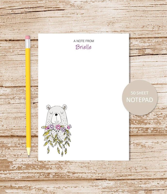 personalized notepad . BEAR WITH FLOWERS notepad . girls note pad . personalized stationery . bear stationary . doodle art