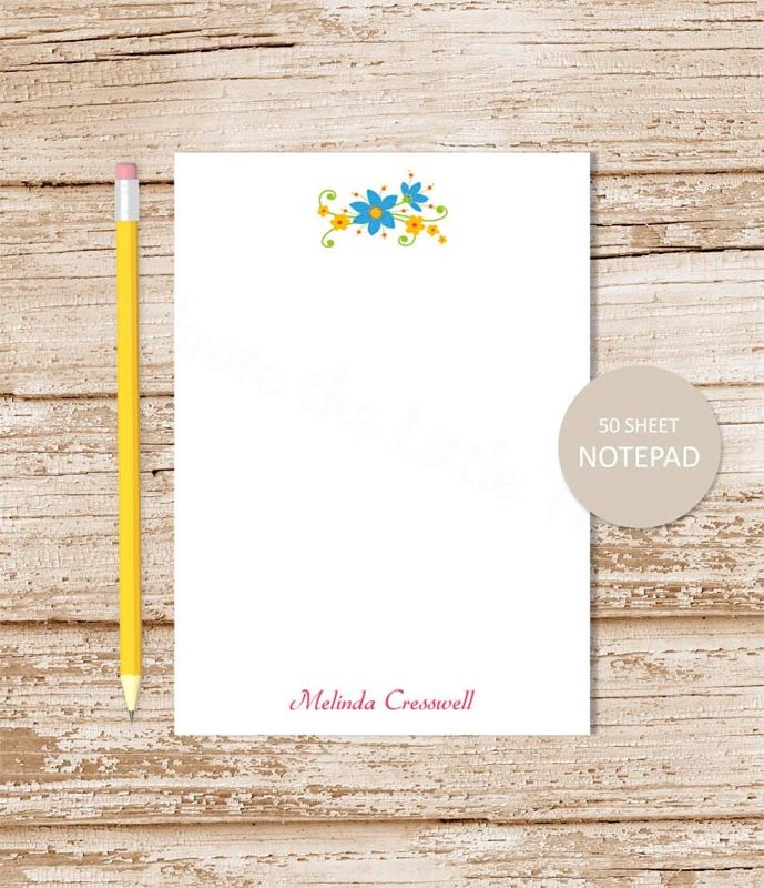 personalized notepad . BLUE FLORAL . flower note pad . personalized stationery . womens stationary . blue yellow flowers