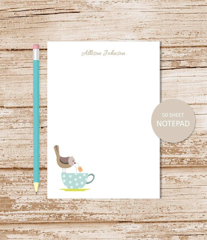 personalized notepad . BLUE TEACUP BIRD notepad . note pad . personalized stationery . tea cup stationary