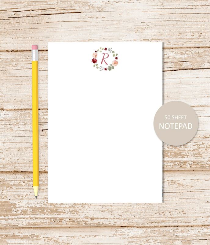 personalized notepad . BOHEMIAN FLOWERS . initial wreath . watercolor . note pad .  womens stationery . monogram flowers . stationary gift