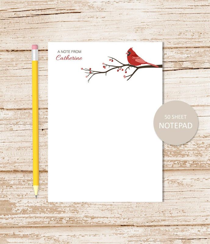 personalized notepad . CARDINAL . bird note pad . berries, tree branch, nature personalized stationery . stationary gift