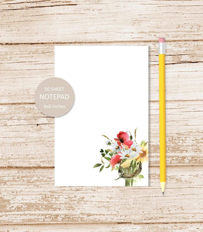 country flowers bouquet notepad . watercolor farmhouse floral note pad . sunflowers peony daisy botanical stationery stationary | 4x6 inches