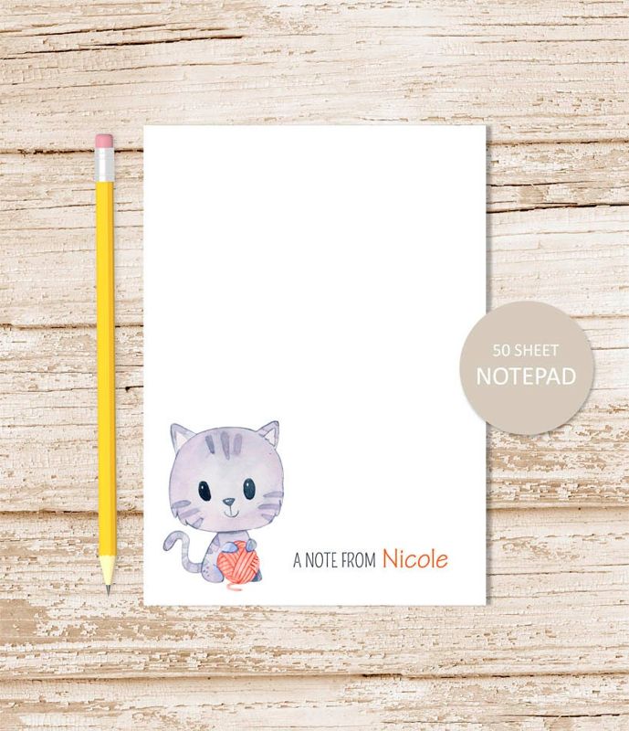 personalized notepad . CAT . note pad . watercolor kitty cat . personalized stationery . kids, childrens stationary . yarn ball, kitten