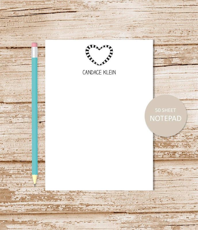 personalized notepad . DOODLED HEART . heart stationery . note pad . personalized stationary . black & white . stationery gift