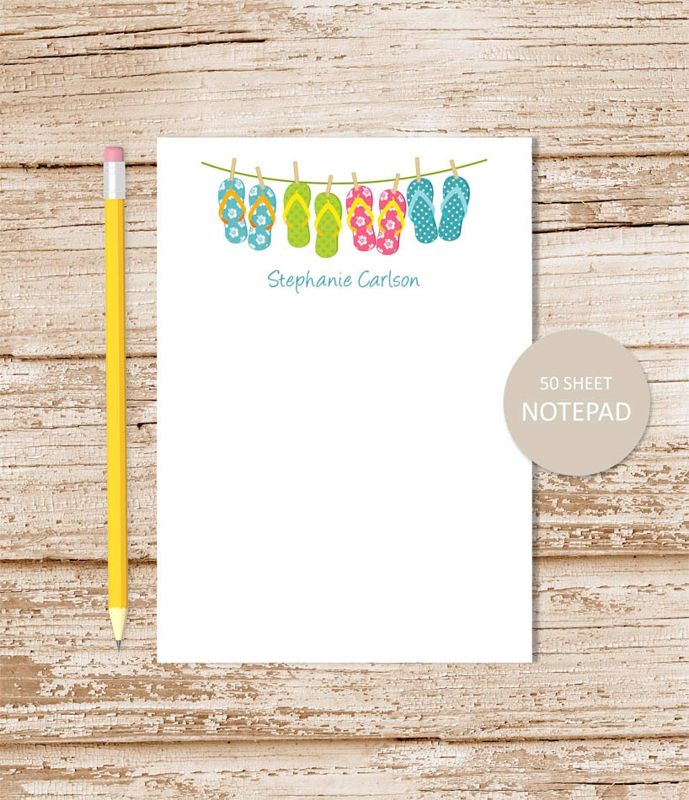 personalized notepad . FLIP FLOPS BORDER notepad . clothesline note pad . girls stationery . personalized stationary . summer beach tropical