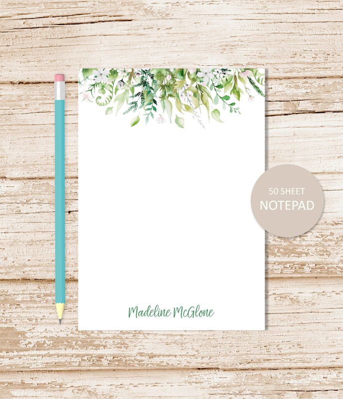 personalized notepad . FLORAL GREENS . note pad . flowers notepad .  leaves, botanical, nature . personalized stationery . stationary gift