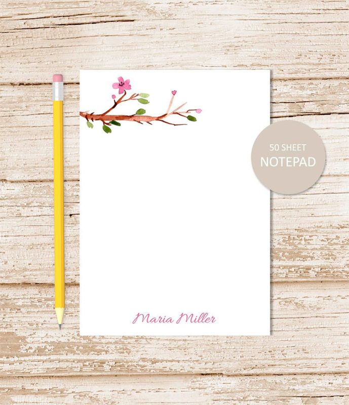 personalized notepad . FLORAL TREE BRANCH . note pad . watercolor, pink flowers, nature, personalized stationery . stationary gift