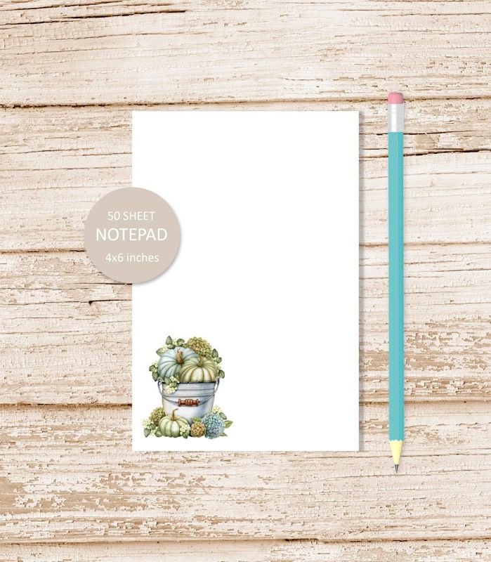 farmhouse pumpkin notepad . watercolor vintage . autumn fall . note pad . hydrangea floral bucket stationery | 4x6 inches