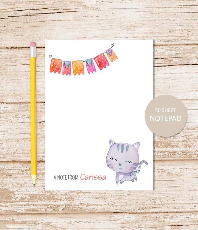 personalized notepad . KITTY CAT . note pad . watercolor . personalized stationery . kids, childrens stationary