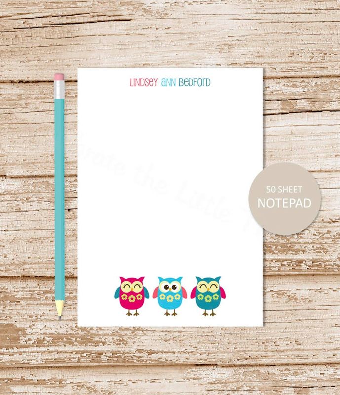 personalized notepad . OWL TRIO notepad . owls note pad . personalized stationery . bird stationary