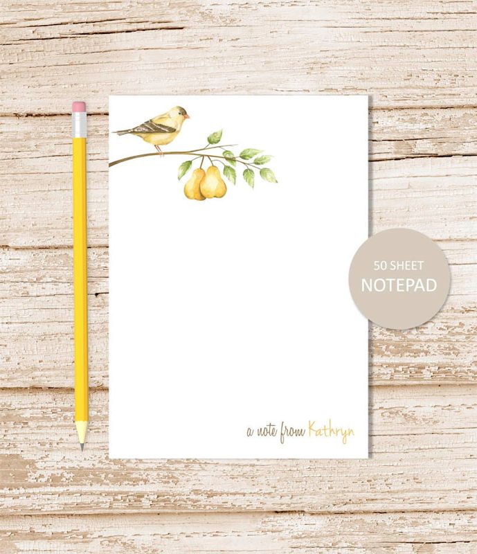 personalized notepad . PEAR . note pad . watercolor pears, fall fruit, pear tree, bird, nature personalized stationery . stationary gift