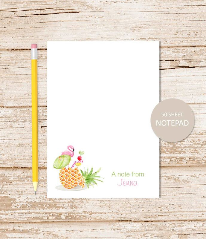 personalized notepad . PINEAPPLE notepad . watercolor pineapple tropical drink, flamingo, summer . personalized stationary . stationery gift