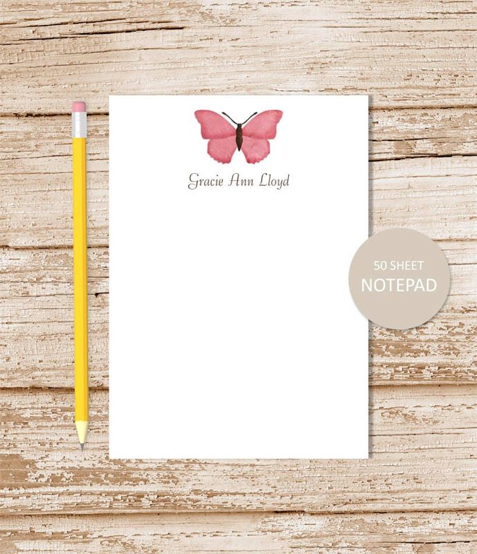 personalized notepad . PINK BUTTERFLY . note pad . personalized stationery . womens stationary