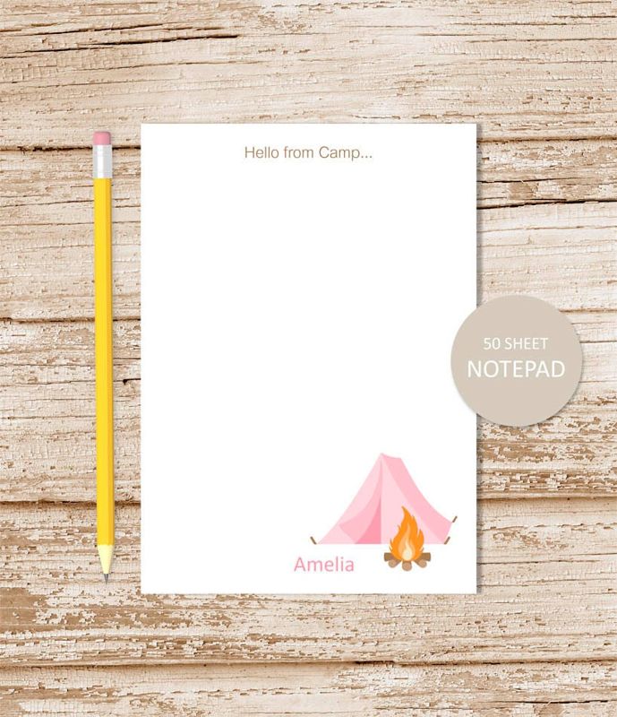 personalized notepad . PINK CAMPING TENT . camp note pad . stationery . pink camping tent . hello from camp . girls summer camp