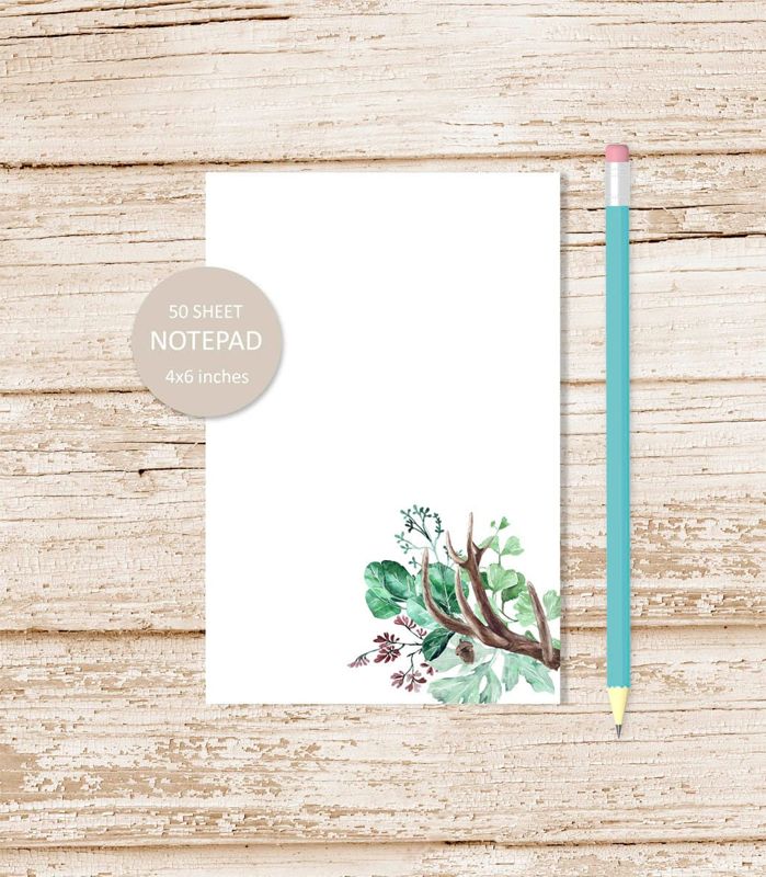 greens and antlers notepad . watercolor leaves tree note pad .  deer antler outdoors, nature, camping, hiking stationery | 4x6 inches